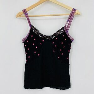 Carolina Amato Camisole Womens Medium Black Floral Beaded Lace Trim Y2K Cami